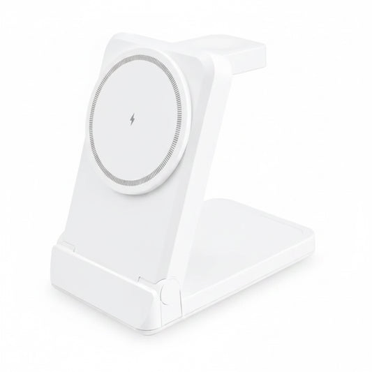 A white foldable wireless charging stand with a circular MagSafe-compatible charging pad on the front, shown on a plain white background with the word 'White' printed below.
