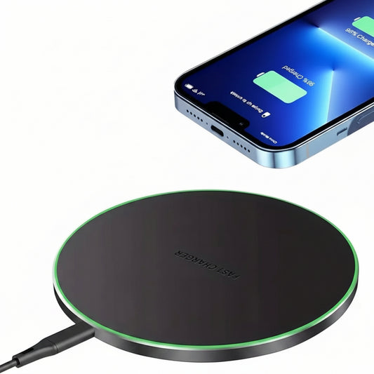 Wireless charging pad with smartphone showing charging status on a white background