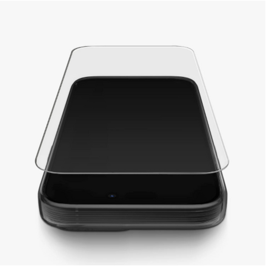 Smartphone with a clear screen protector on a white background