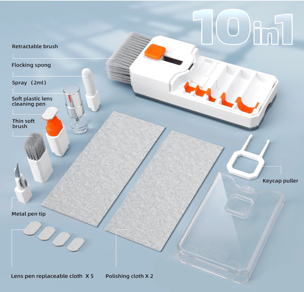 10-in-1 computer cleaning tool set with various components on a light blue background