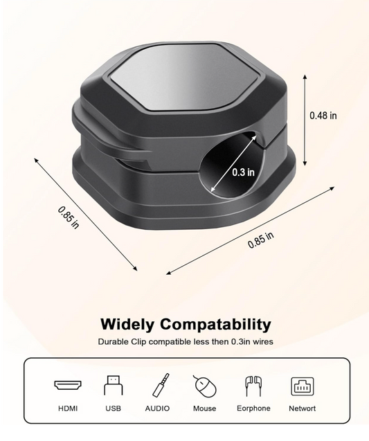Product dimensions diagram showing a black hexagonal clip device with labeled measurements in inches, plus compatibility icons for HDMI, USB, Audio, Mouse, Earphone, and Network under the heading 'Widely Compatibility'.