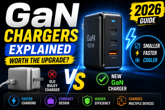 Comparison thumbnail showing a compact GaN charger beside a traditional charger with the text "GaN Chargers Explained 2026" and highlighting fast charging, smaller size, and improved efficiency.