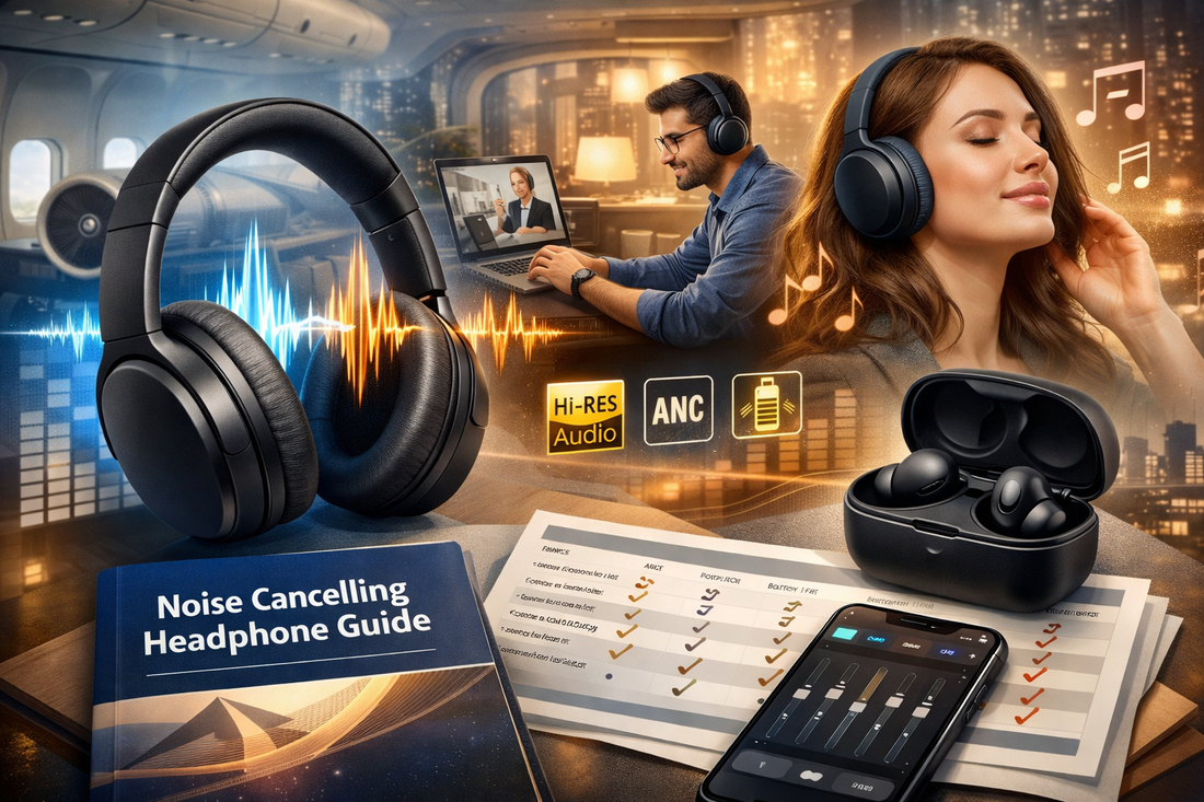 **SEO-friendly alt text:**  Noise cancelling headphones and earbuds with premium sound quality, showing ANC technology, Hi-Res audio, battery life features, and use in travel, remote work, and music listening scenarios.