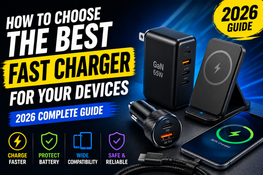 Thumbnail showing fast chargers, wireless charging stand, and charging accessories with bold text reading “How to Choose the Best Fast Charger for Your Devices – 2026 Complete Guide”.
