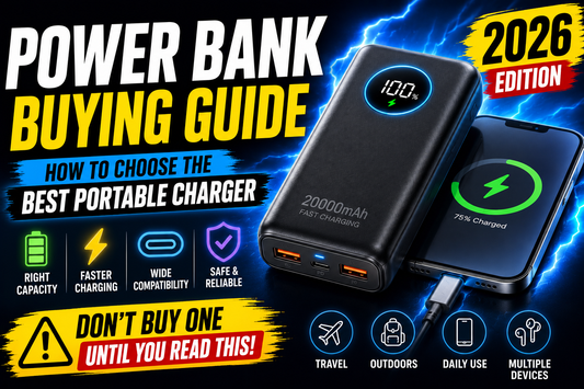Power bank buying guide 2026 thumbnail showing a modern portable charger, smartphone charging, glowing battery indicator, and buying guide text.