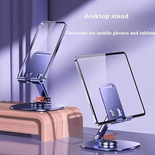 Two smartphone stands on a wooden surface with a purple gradient background.