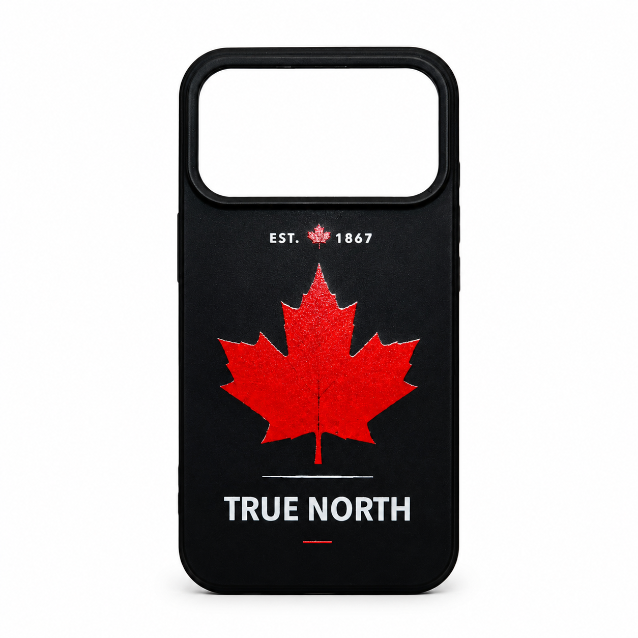Phone case with red maple leaf and 'True North' text on a black background