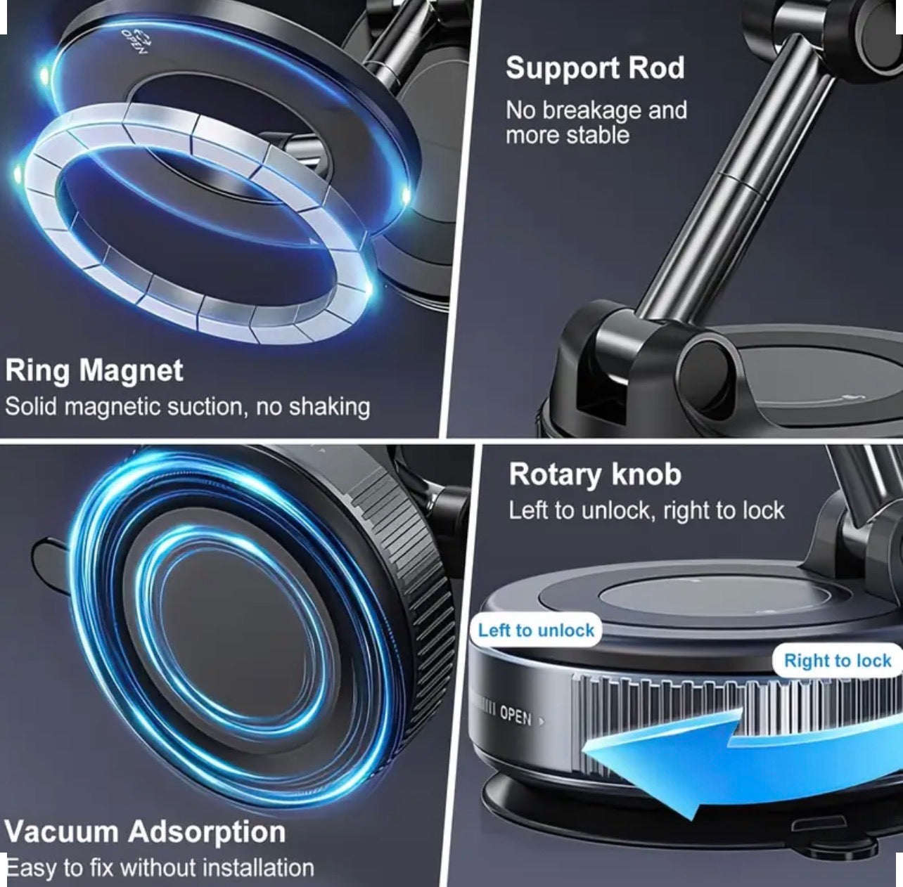 Collage of a phone holder with features highlighted, including support rod, ring magnet, rotary knob, and vacuum adsorption.