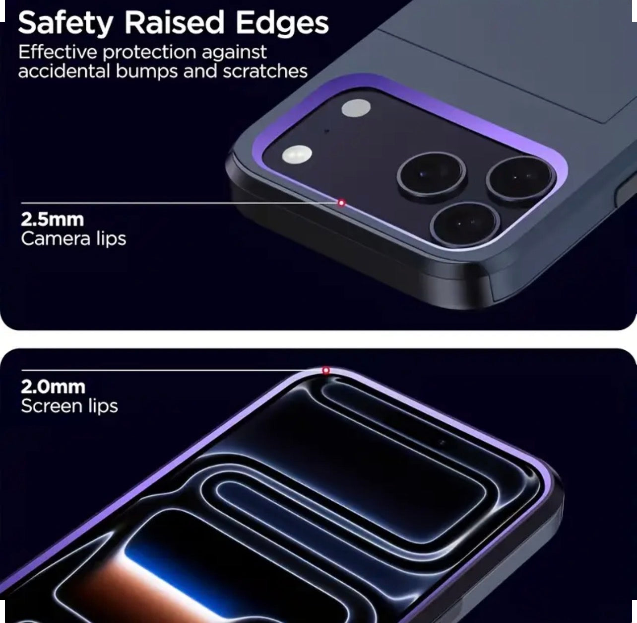 Phone case with safety raised edges highlighted on a black background