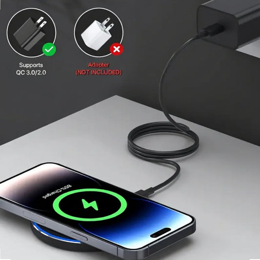 Wireless charging pad with smartphone on a gray surface, featuring text about charging technology.