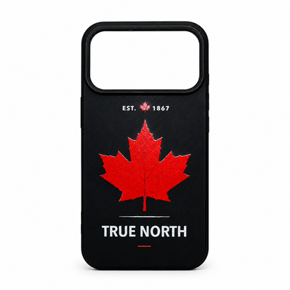 Phone case with red maple leaf and 'True North' text on a black background