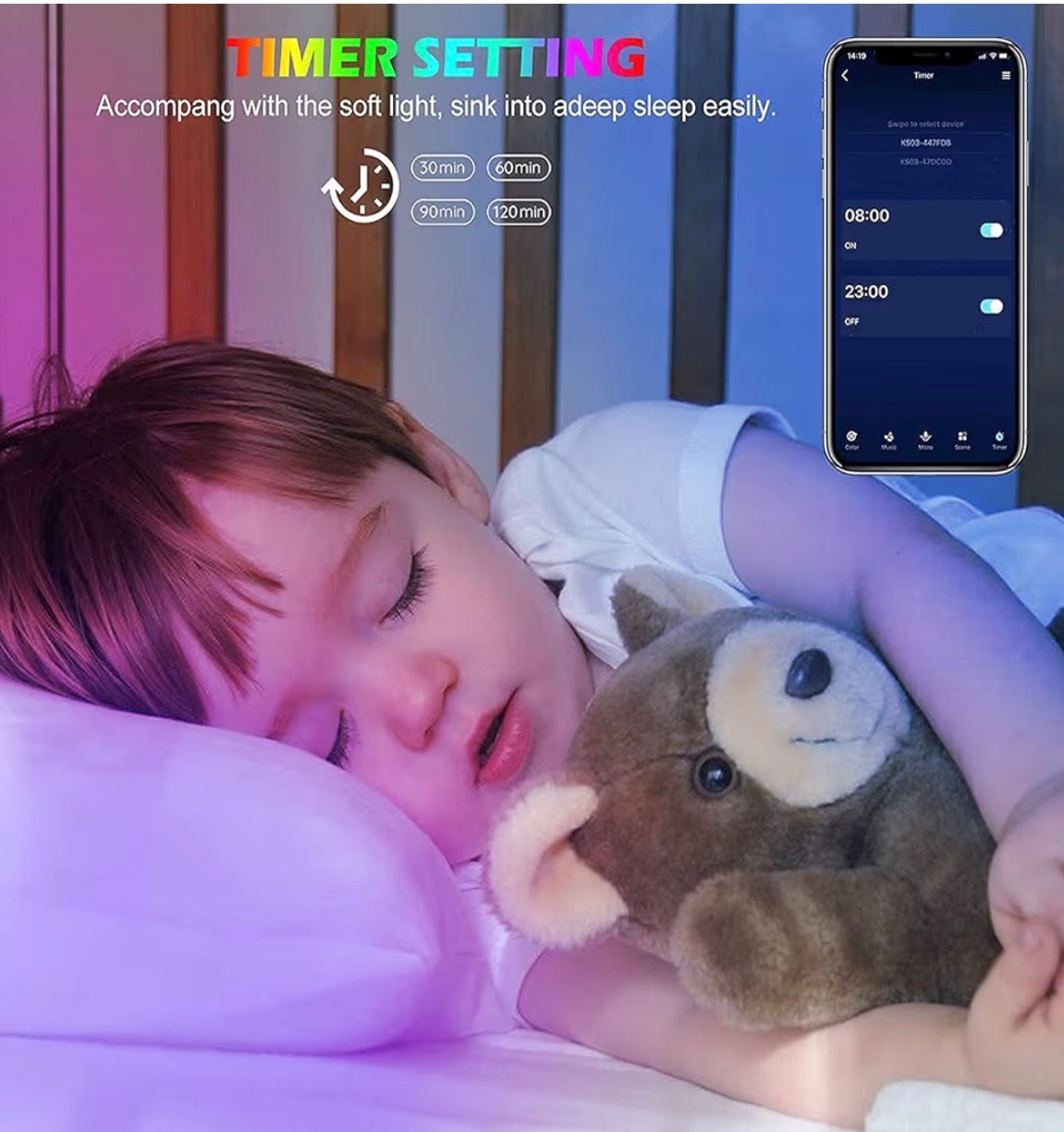 Child sleeping with a teddy bear in a bedroom setting, with a smartphone displaying a sleep timer app.