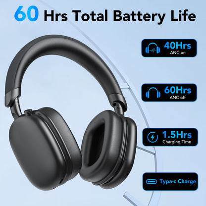 Black headphones with battery life specifications on a light blue background
