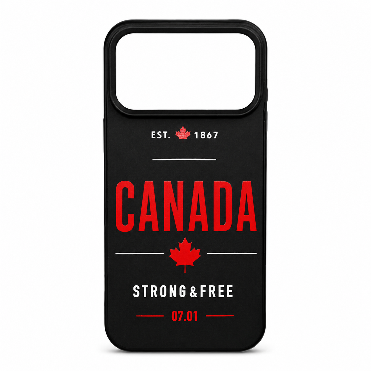 Phone case with 'Canada Strong & Free' text and maple leaf design on a black background