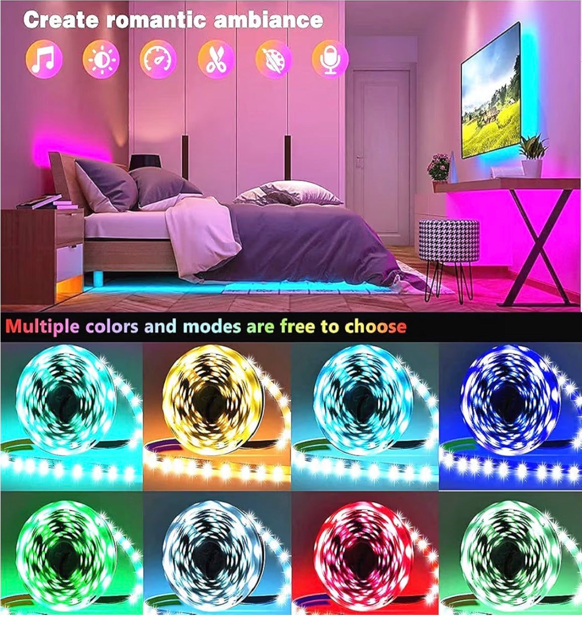 LED strip lights with color-changing options in a bedroom setting