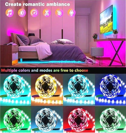 LED strip lights with color-changing options in a bedroom setting