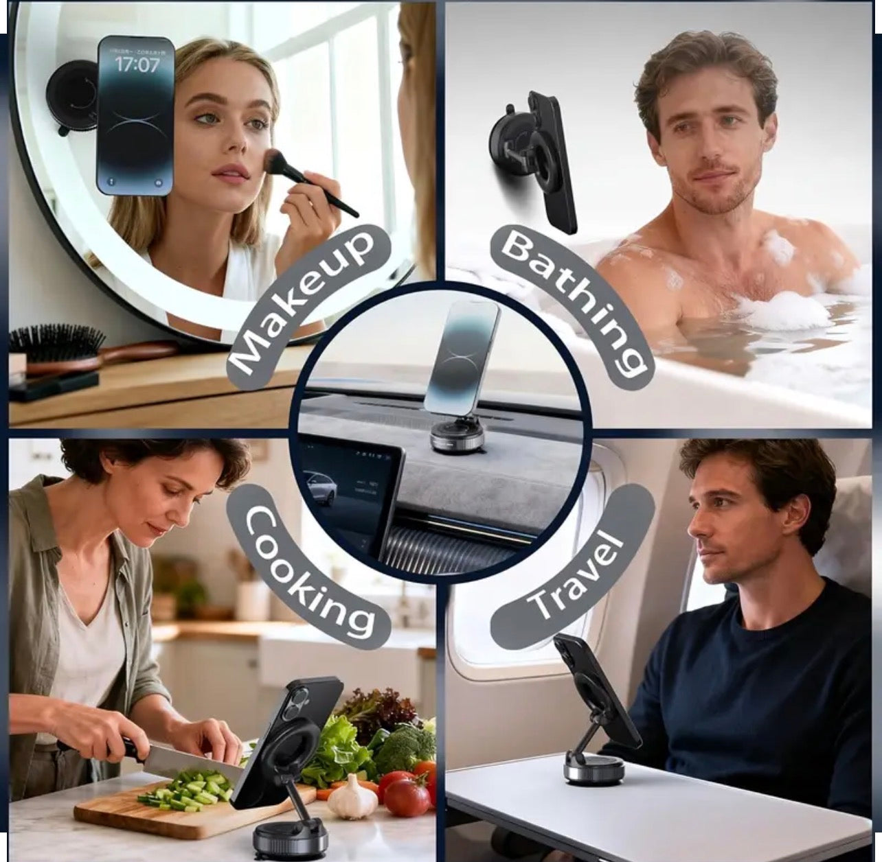Collage of a smartphone holder with different uses including makeup, bathing, cooking, and travel.