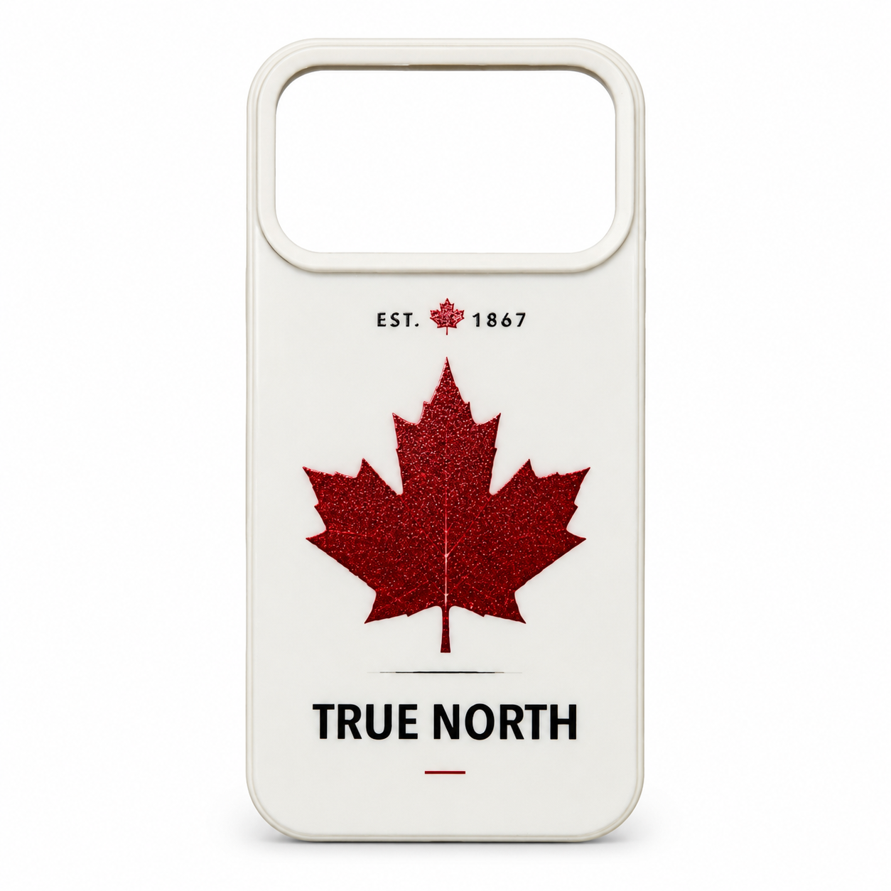 Phone case with red maple leaf and 'True North' text on a white background