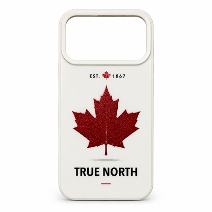 Phone case with red maple leaf and 'True North' text on a white background