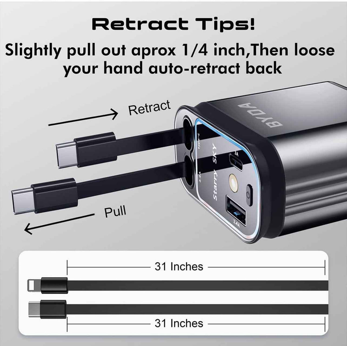 BYDA 69W 4-in-1 Retractable Car Charger – Fast Multi-Port USB-C/USB-A & Lightning Car Adapter for iPhone & Android