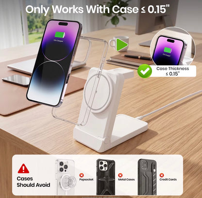 A white magnetic wireless charging stand shown on a wooden desk with a smartphone inserted in a clear case. The image includes marketing text stating it works with cases up to 0.