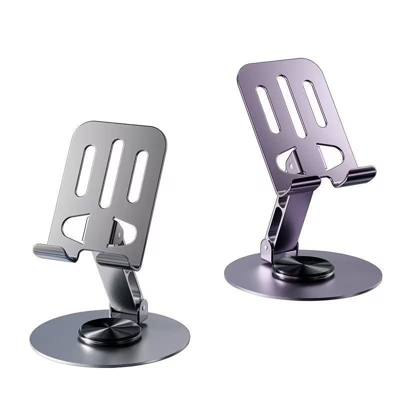 Two metallic phone holders on a white background