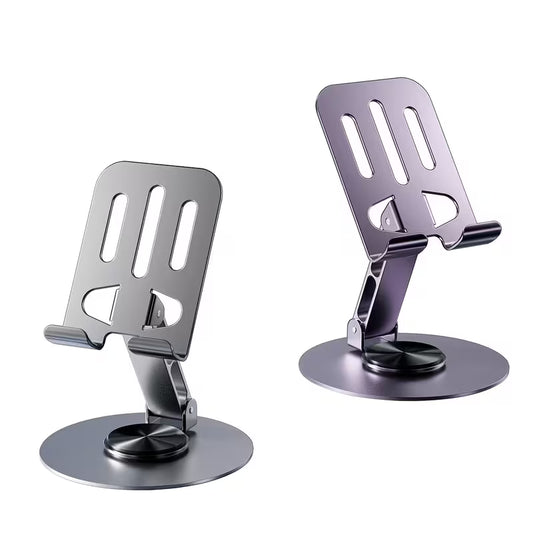 Two metallic phone holders on a white background