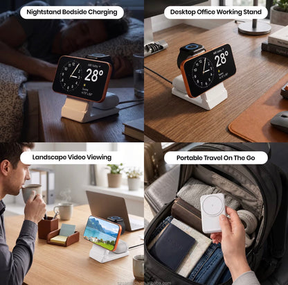 A four-panel collage showing a portable wireless charging stand in use: bedside charging at night, a desktop office working stand, landscape video viewing on a desk, and portable travel packed inside a backpack. The stand is white with an orange accent ring and holds a black smartwatch or phone.
