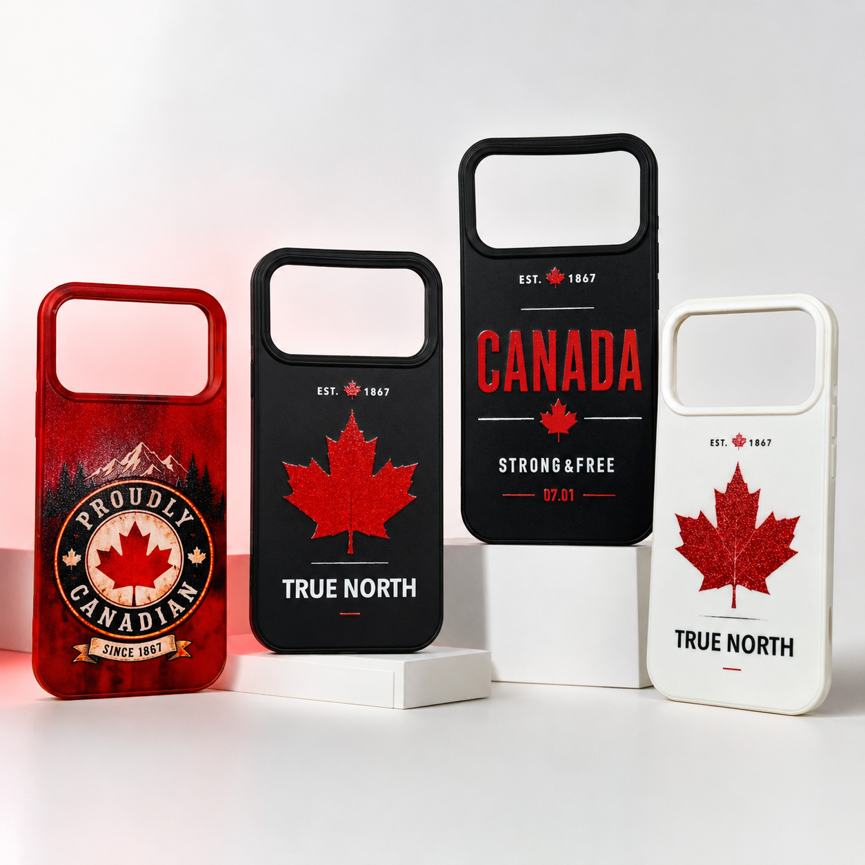 Four phone cases with Canadian designs on a white background