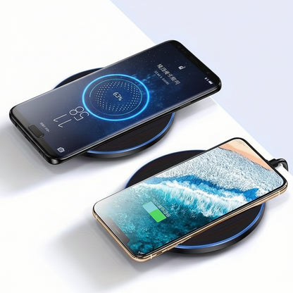 Two smartphones on wireless chargers with text indicating fast charging and intelligence distinguishing features.