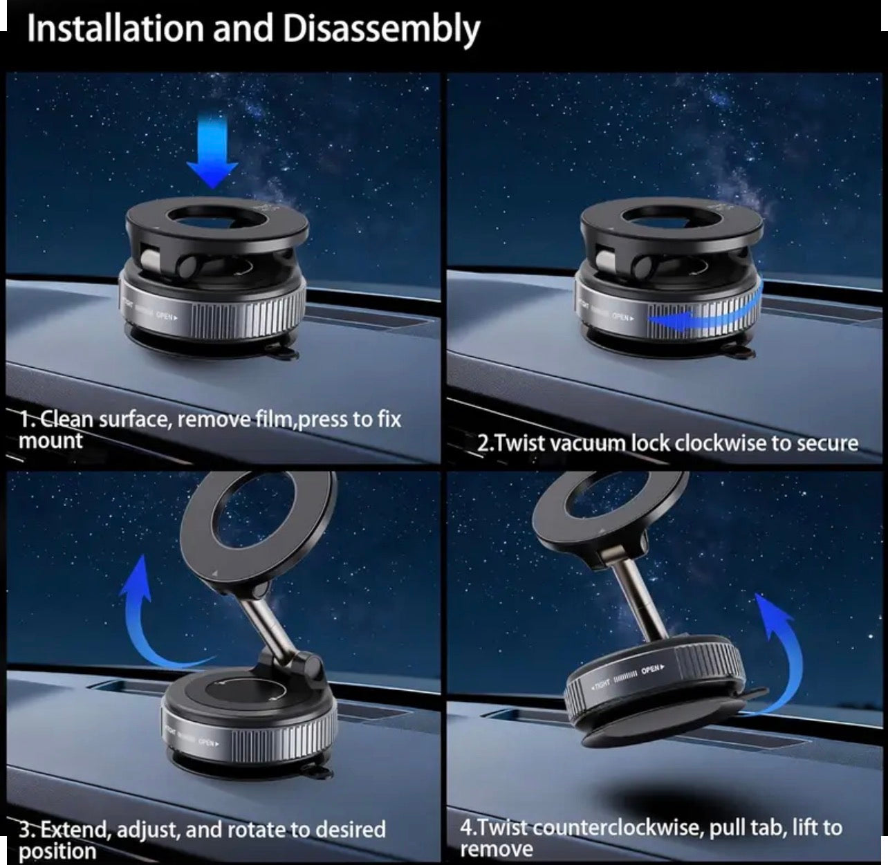 Step-by-step guide on installing and disassembling a car mount with visual instructions.