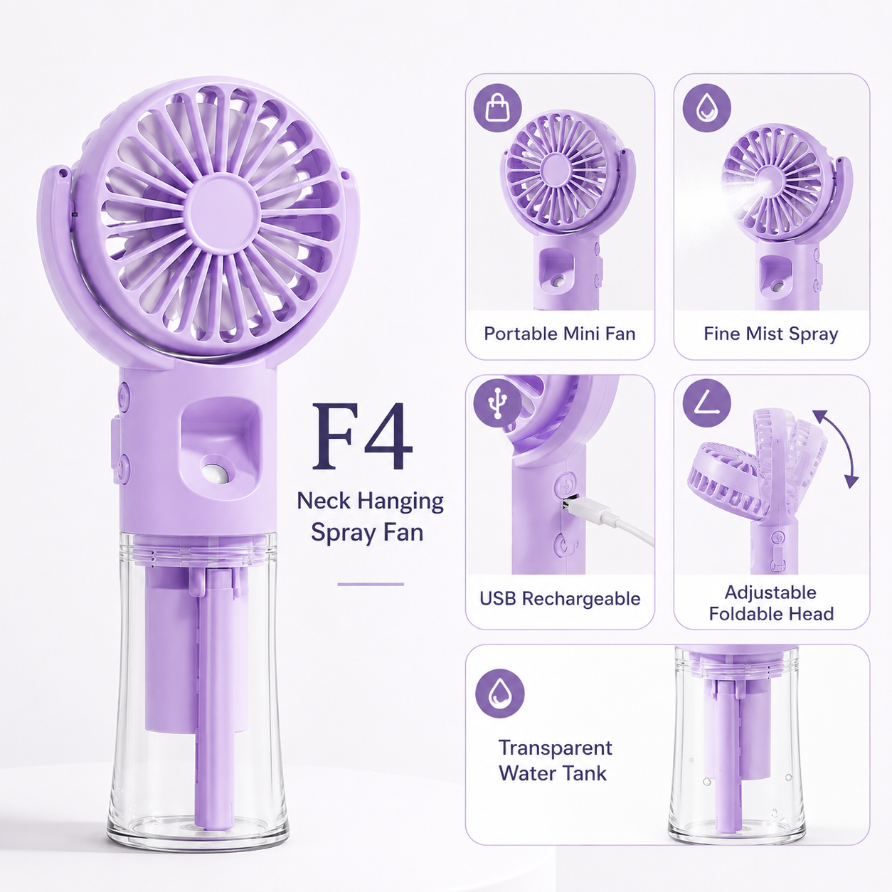 F4 Neck Hanging Spray Fan - Portable Handheld Misting Fan with Water Tank | USB Rechargeable