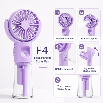 F4 Neck Hanging Spray Fan - Portable Handheld Misting Fan with Water Tank | USB Rechargeable