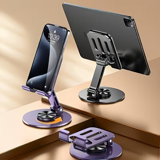 Two phone stands, one purple and one black, holding a smartphone and tablet on a beige surface.