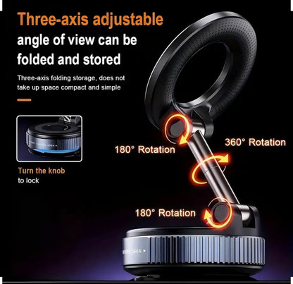 Three-axis adjustable phone holder with rotation capabilities on a dark background
