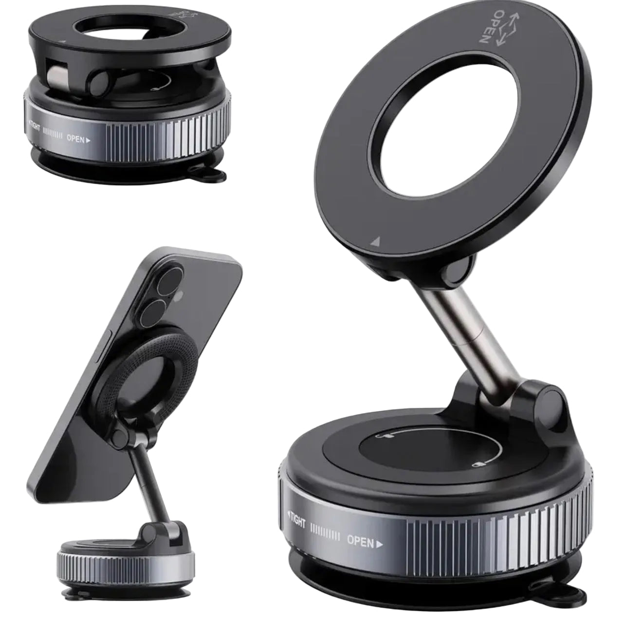 Black phone holder with adjustable arm on a white background - Glory Tech Hub