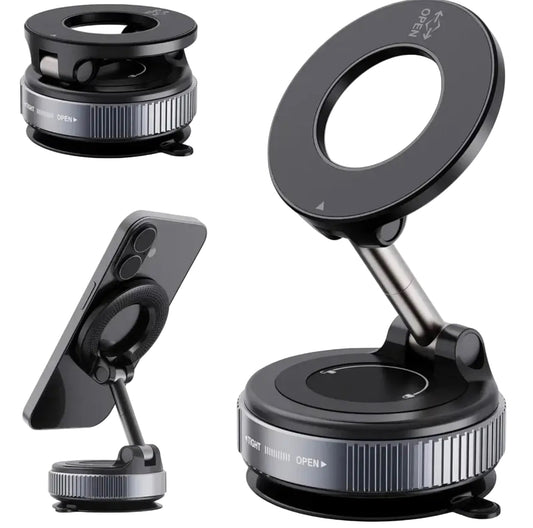 Black phone holder with adjustable arm on a white background - Glory Tech Hub