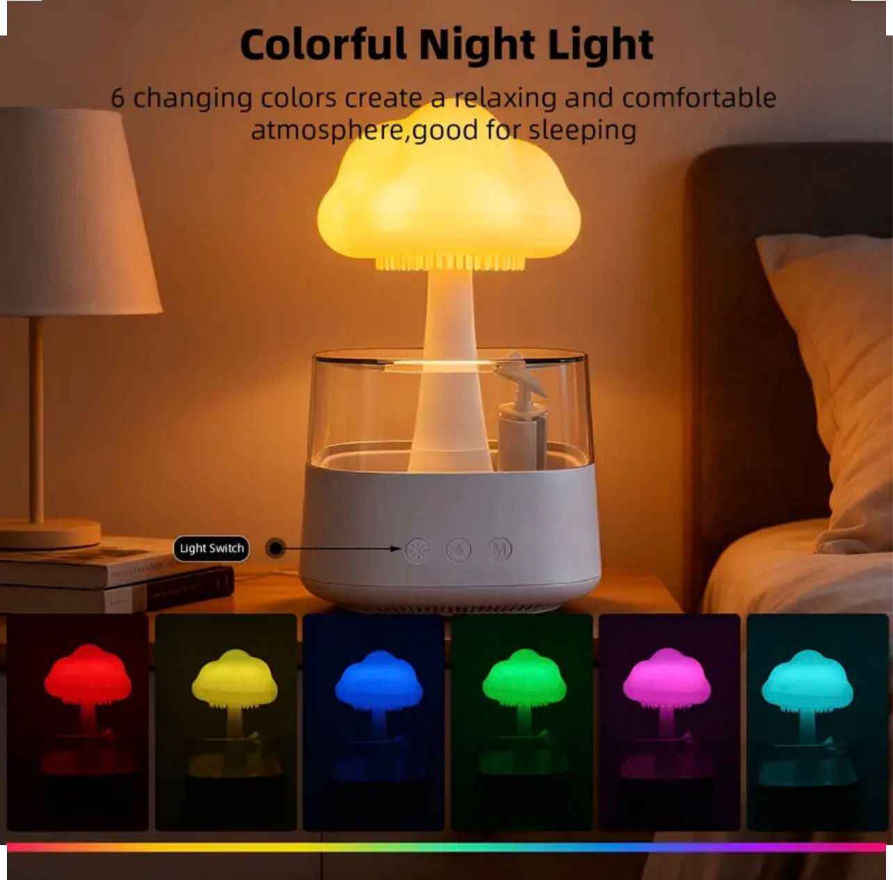 Rain Cloud Humidifier & Aroma Diffuser – 3-in-1 Mushroom LED Night Light with Rain Sounds, 800ml, Ultra-Quiet