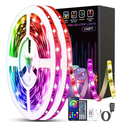 RGB LED strip lights with packaging, remote controls, and accessories on a white background