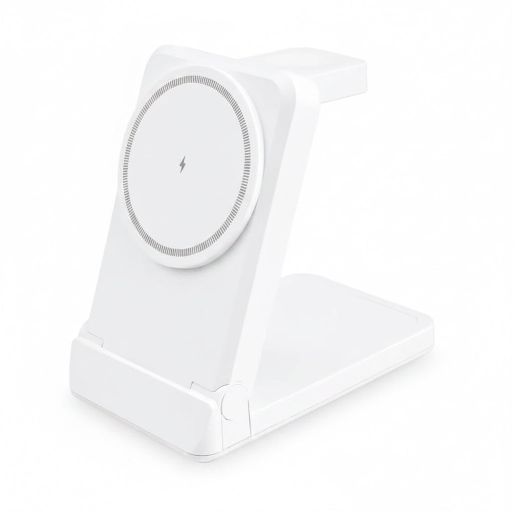 A white foldable wireless charging stand with a circular MagSafe-compatible charging pad on the front, shown on a plain white background with the word 'White' printed below.