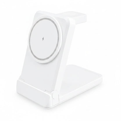 A white foldable wireless charging stand with a circular MagSafe-compatible charging pad on the front, shown on a plain white background with the word 'White' printed below.