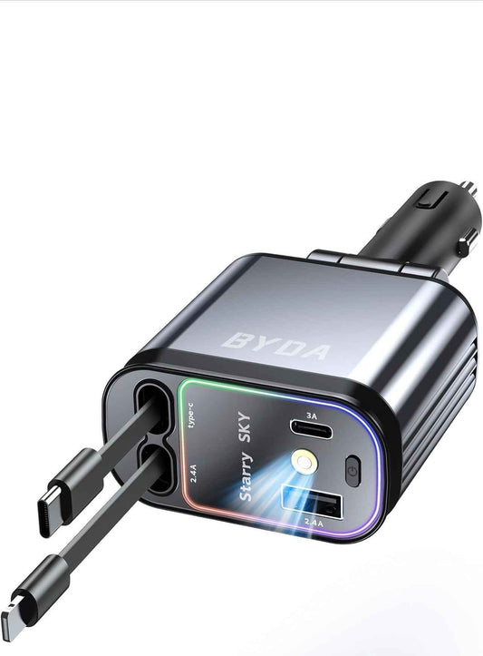 BYDA 69W 4-in-1 Retractable Car Charger – Fast Multi-Port USB-C/USB-A & Lightning Car Adapter for iPhone & Android