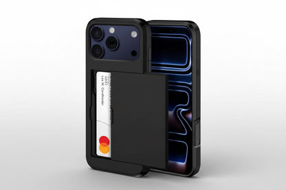 Black phone case with card holder feature on a white background