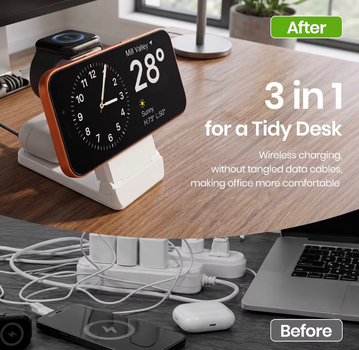 A 3-in-1 wireless charging dock shown on a wooden desk with a smartphone, smartwatch, and earbud case, alongside text reading '3 in 1 for a Tidy Desk' and 'After'/'Before' labels.