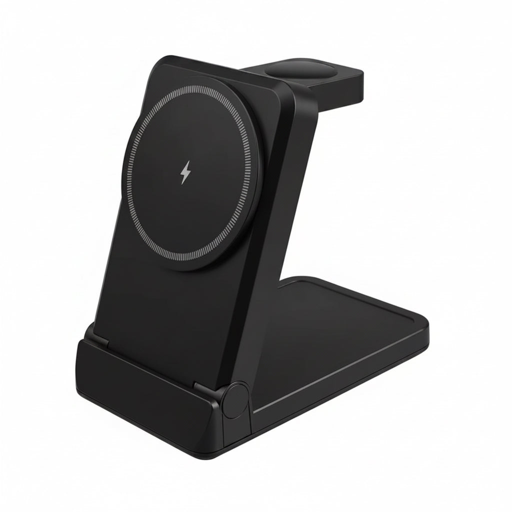 A black magnetic wireless charging stand with a fold-out phone holder, shown on a plain white background.