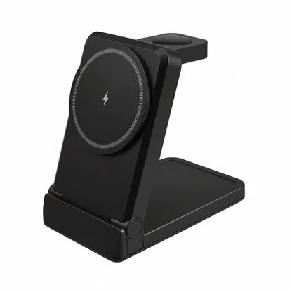 A black magnetic wireless charging stand with a fold-out phone holder, shown on a plain white background.