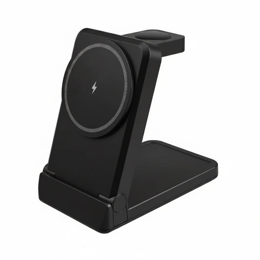 A black magnetic wireless charging stand with a fold-out phone holder, shown on a plain white background.