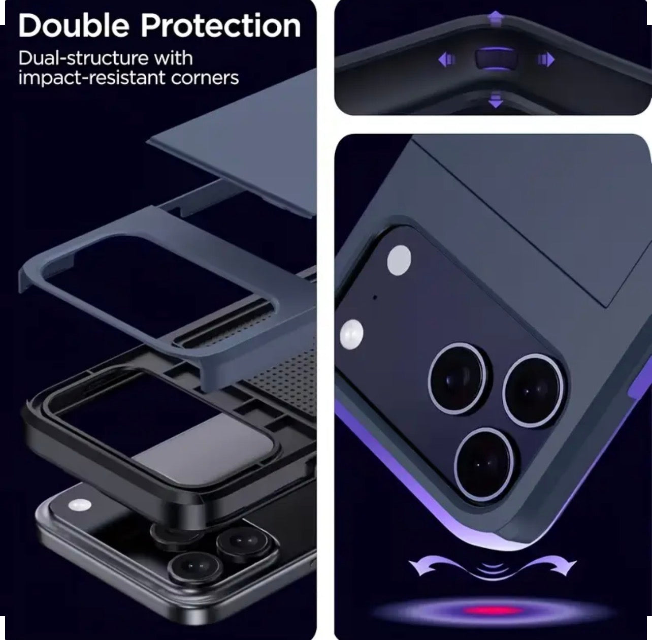 Phone case with dual-structure design and impact-resistant corners on a dark background
