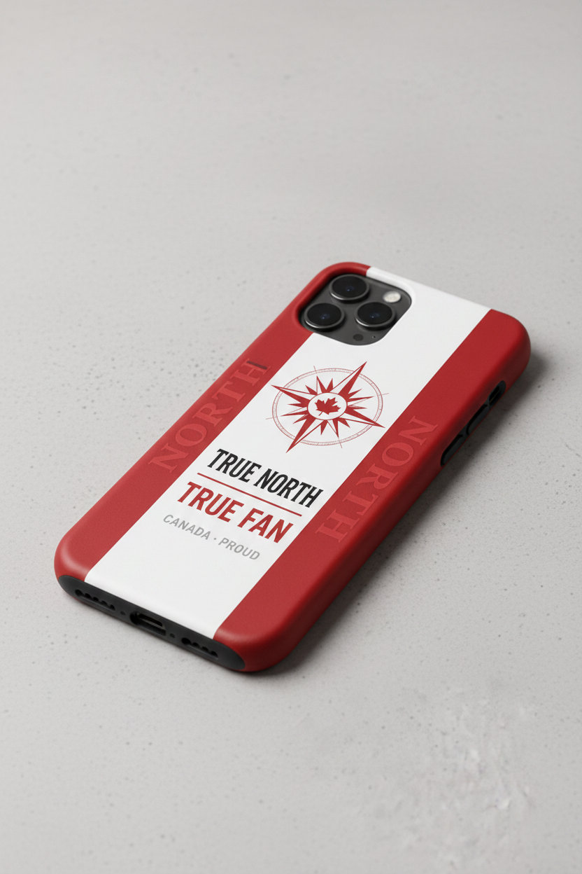 Phone case with 'True North True Fan' design on a gray background