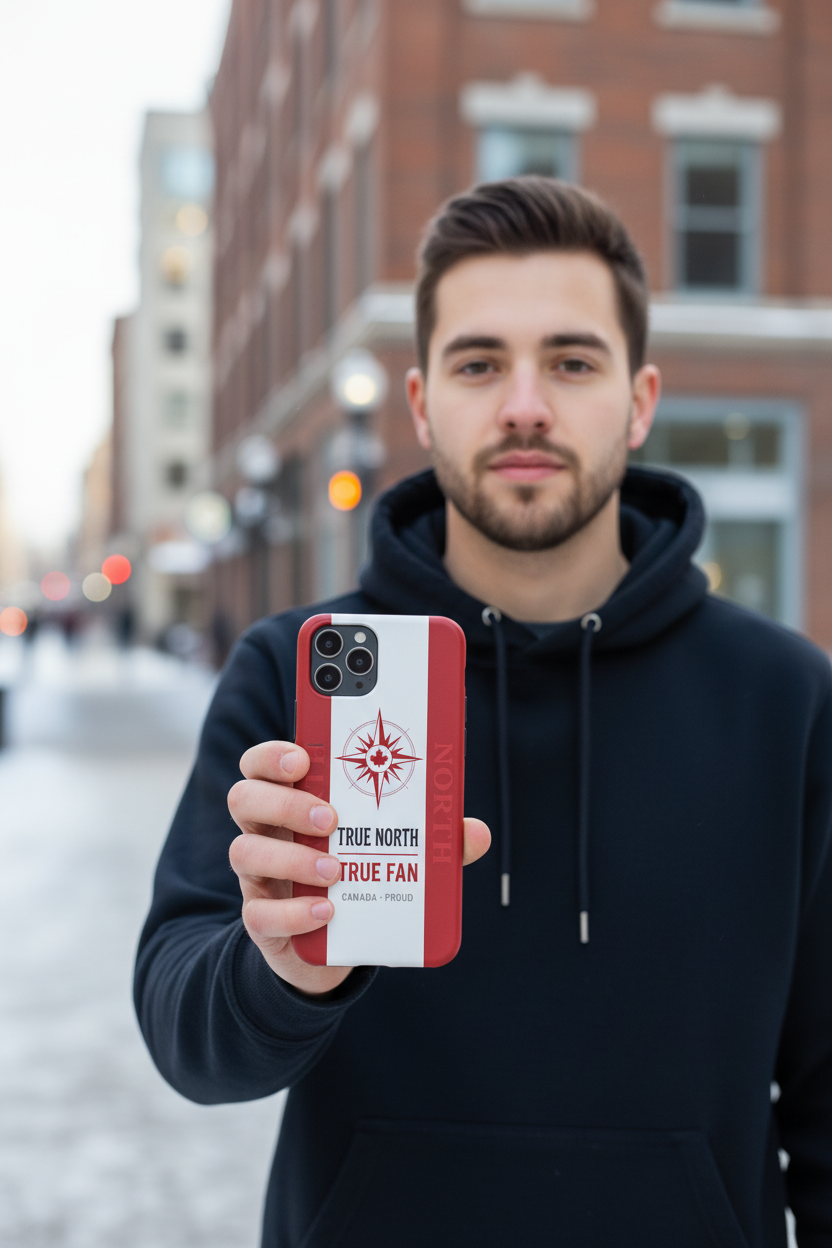 Man holding a phone with a red and white case featuring a logo and text.